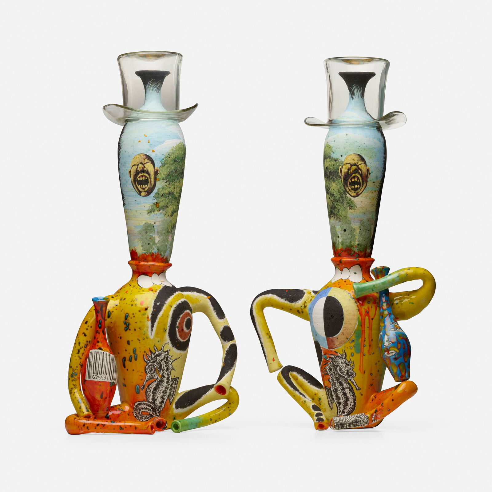 Michael Lucero, Twins (from the New World series): Michael Lucero Twins (from the New World series) 1993glazed and hand-painted earthenware, hand-blown glass 24.5 h x 11.75 w x 8 d in (62 x 30 x 20 cm) 24 h x 12.5 w x 7.875 d in (61 x 32 x 20 cm)<