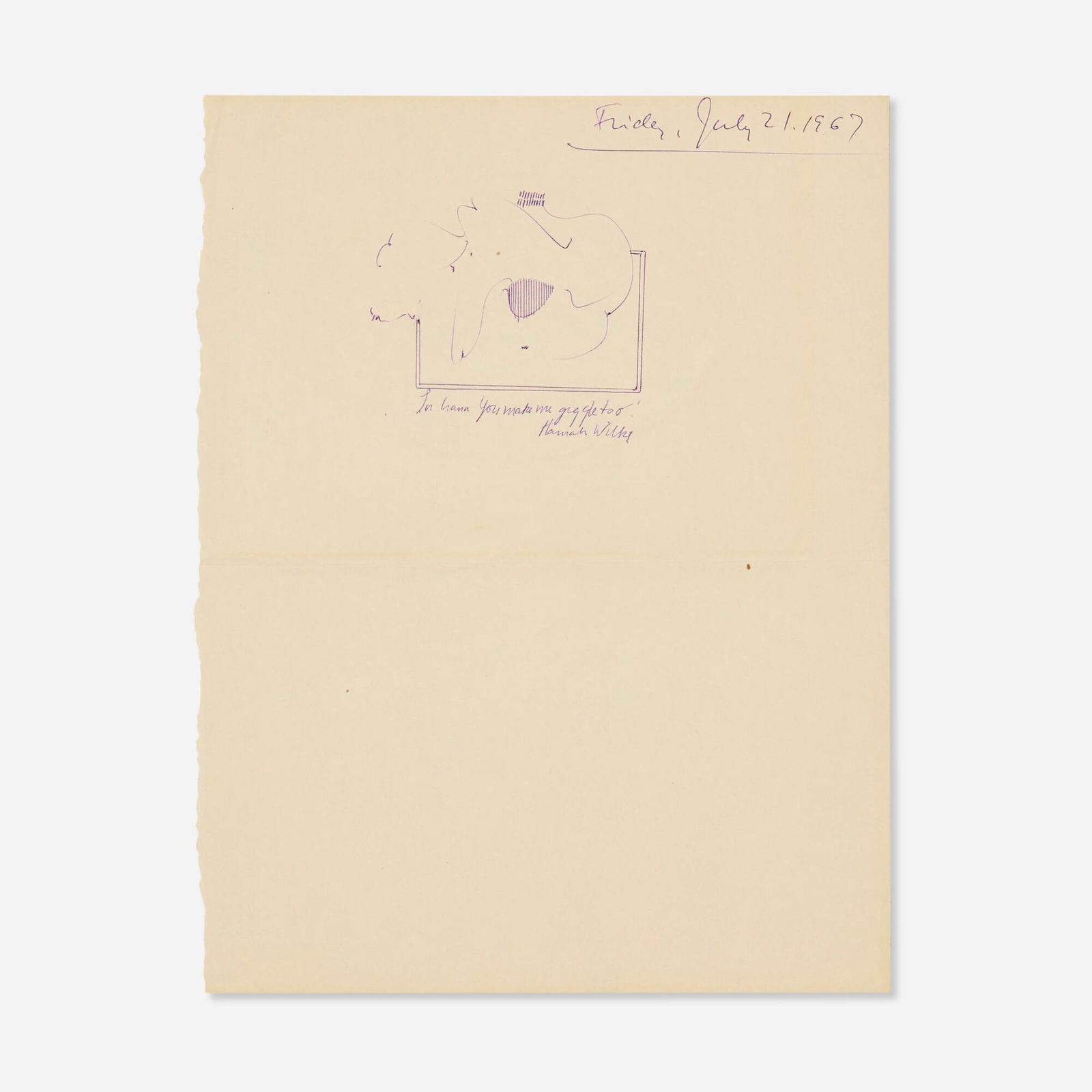 Hannah Wilke, Untitled: Hannah Wilke Untitled 1967ink on paper 12 h x 9.5 w in (30 x 24 cm) Signed, dated and inscribed to upper and lower edges 'Friday, July 21. 1967 To Irena You make me giggle too! Hannah Wilke'.