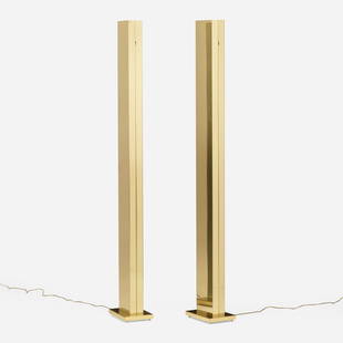 Casella, Pylon floor lamps model C1711, pair: Casella Pylon floor lamps model C1711, pair USA, c. 1980polished brass 72.5 h x 11 w x 7.5 d in (184 x 28 x 19 cm) Decal manufacturer's label to underside of each example 'Casella Lighting'. <