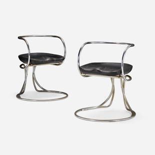 Vladimir Tatlin, Chairs, pair: Vladimir Tatlin Chairs, pair Nikol InternazionaleRussia / Italy, 1927 / c. 1950chrome-plated steel, leather 30.25 h x 21.5 w x 21.5 d in (77 x 55 x 55 cm) Embroidered manufacturer's mark