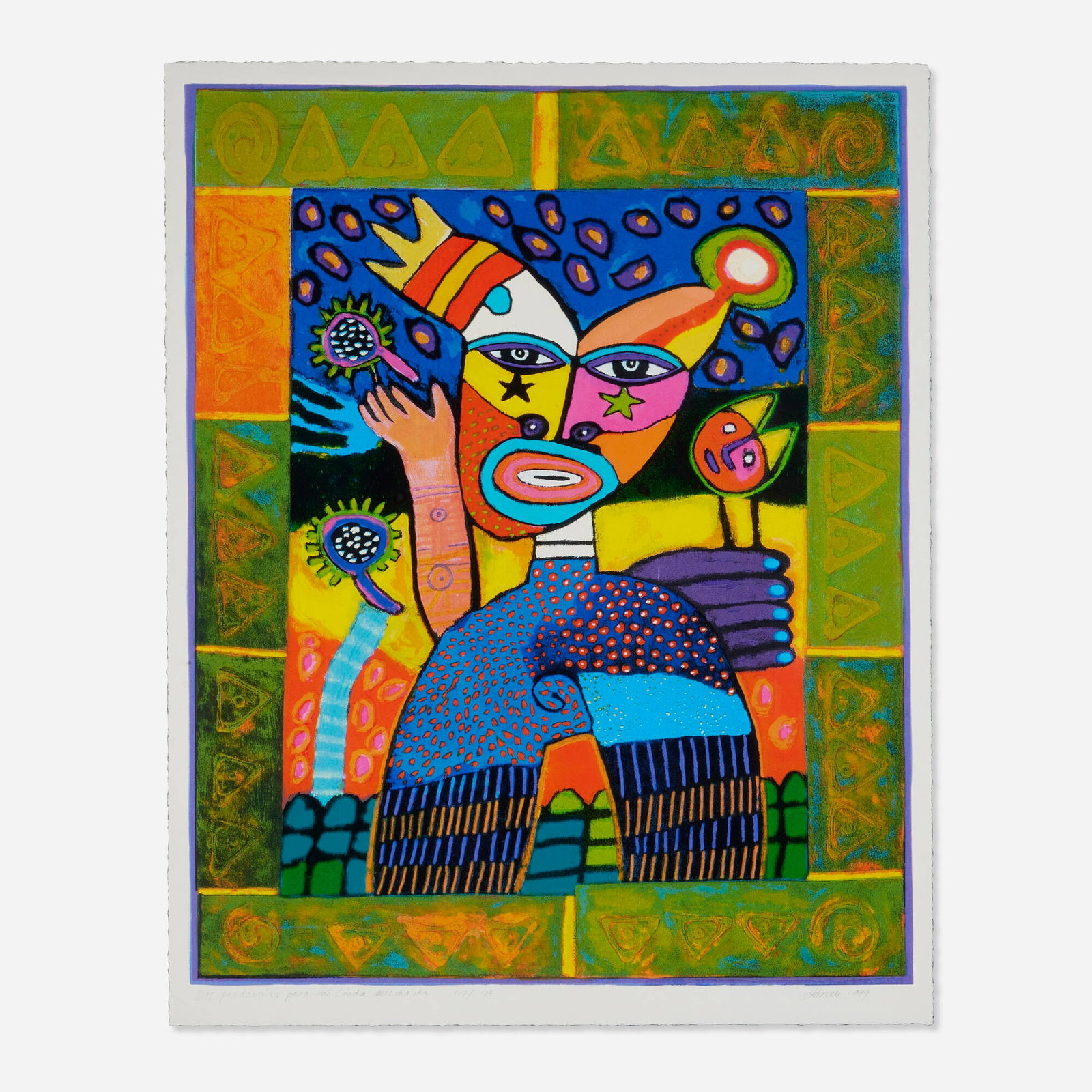 Clemens Briels, Dos gardenias para mi linda muchacha: Clemens Briels Dos gardenias para mi linda muchacha 1999screenprint in colors 37 h x 29.5 w in (94 x 75 cm) Signed, titled, dated and numbered to lower edge 'Dos gardenias para mi linda muchac