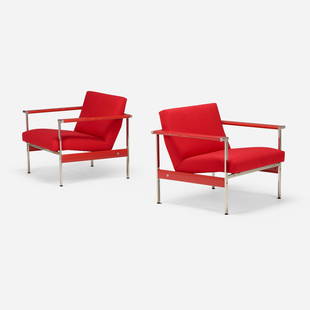 Arthur Elrod, Lounge chairs, pair: Arthur Elrod Lounge chairs, pair USA, c. 1970chrome-plated brass, lacquered aluminum, upholstery 28 h x 33 w x 28 d in (71 x 84 x 71 cm) This work will ship from Lambertville, New