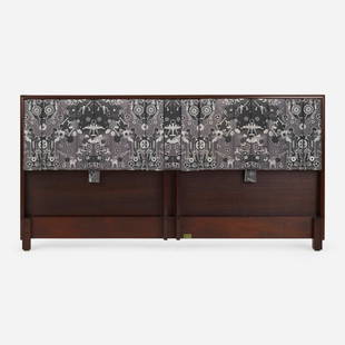 Edward Wormley, King-sized headboard, model 4588: Edward Wormley King-sized headboard, model 4588 DunbarUSA, c. 1950walnut, custom Studio Job upholstery 41.25 h x 81 w x 4 d in (105 x 206 x 10 cm) Headboard features tilting backrests an