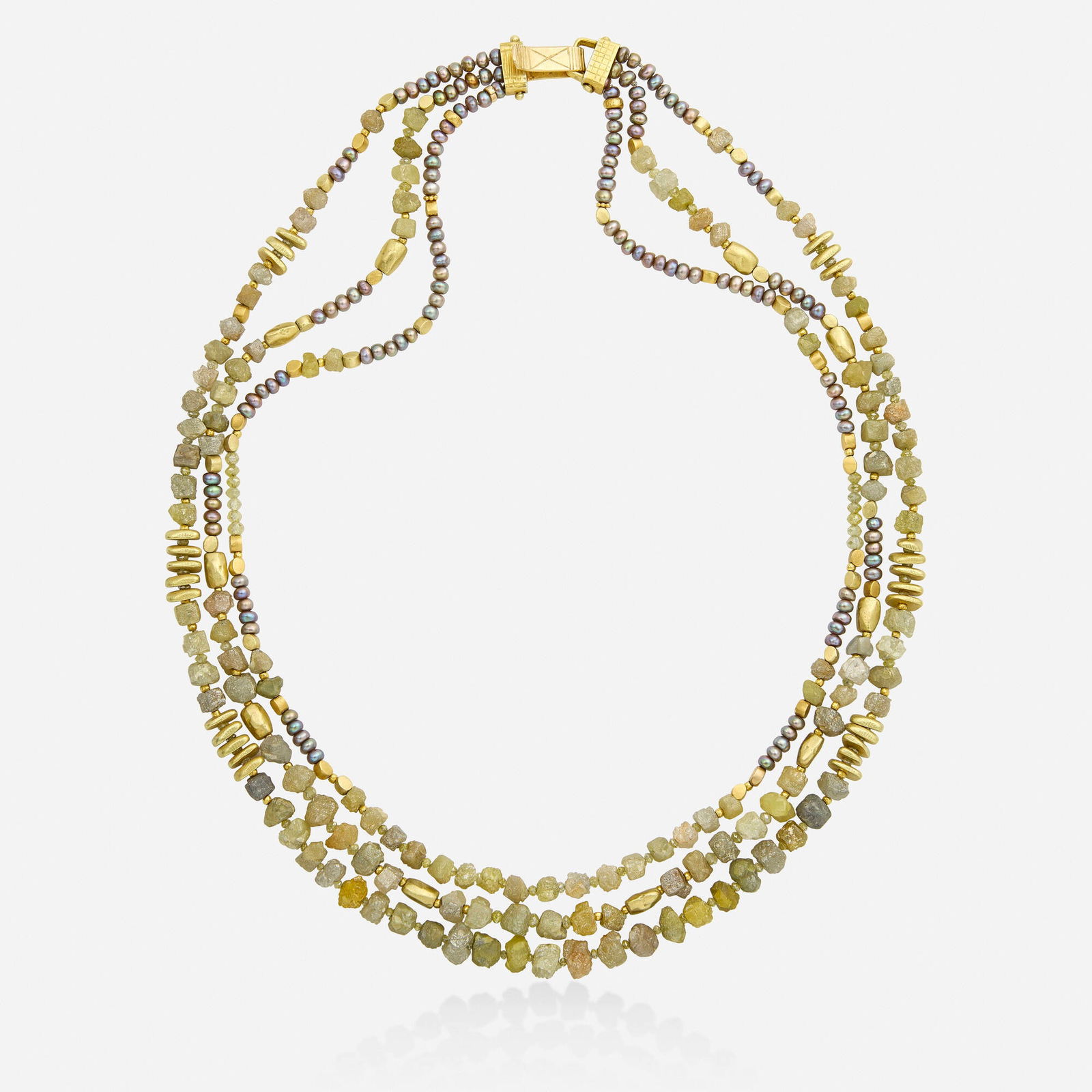 Judith Kaufman, Diamond, cultured pearl, and gold necklace: Judith Kaufman Diamond, cultured pearl, and gold necklace Designed as three strands of raw diamonds, grey cultured pearls, and gold beads; 2014 Yellow gold 17.50 in; Gross weight 48.6 dwts