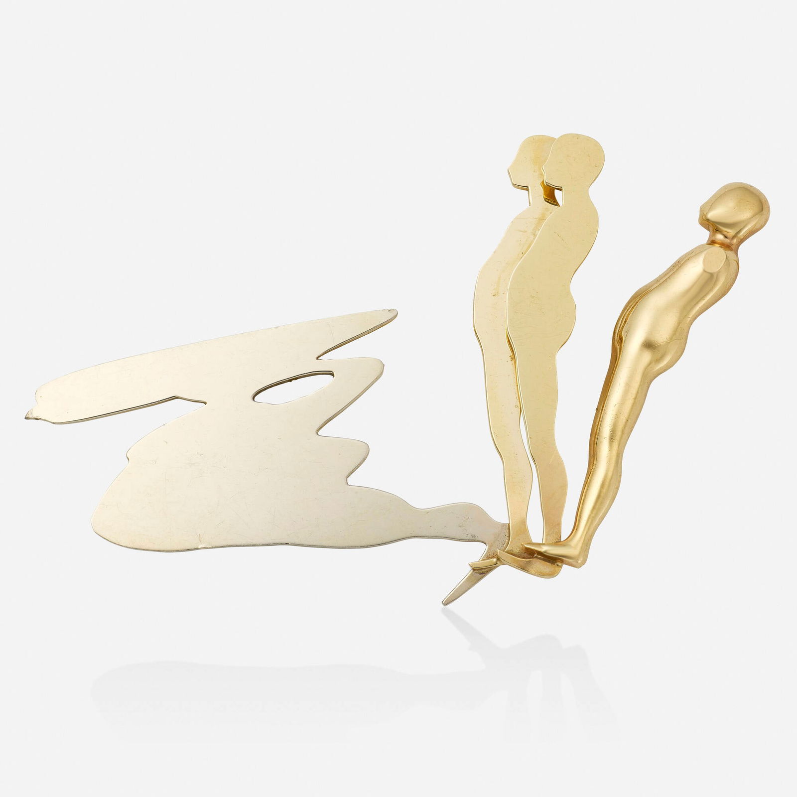 Ernest Trova, 'Falling Man' bicolor gold brooch: Ernest Trova 'Falling Man' bicolor gold brooch Designed as a falling man casting shadows. This work is number 4 from the edition of 12; 1970 14k yellow and white gold Signed with maker's mark for Erne
