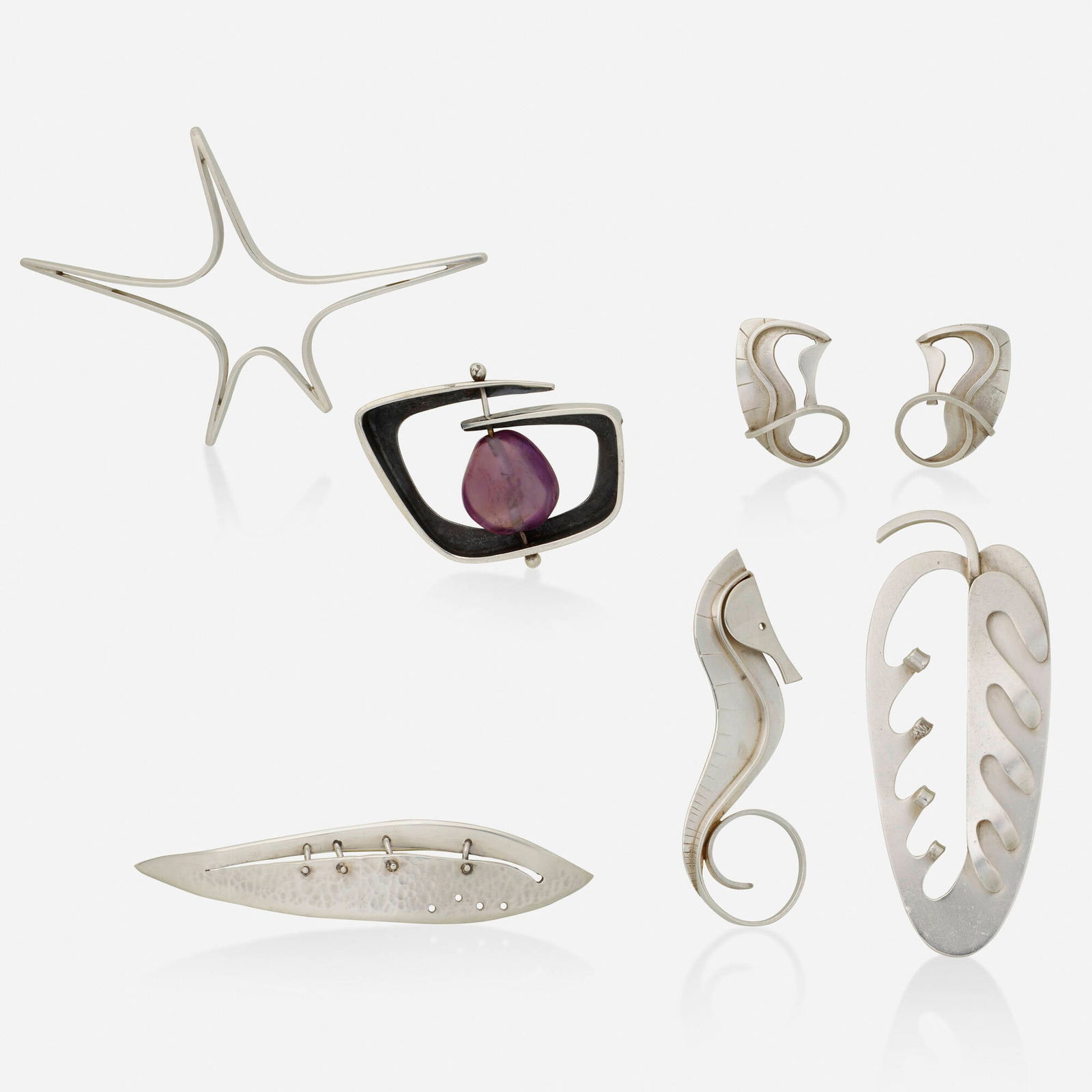 Modernist, Group of silver jewelry: Modernist Group of silver jewelry Comprising a star brooch and a brooch set with an amethyst bead by Ed Wiener; a leaf brooch, a seahorse brooch, and a pair of earrings by Paul Lobel; and a pod brooch