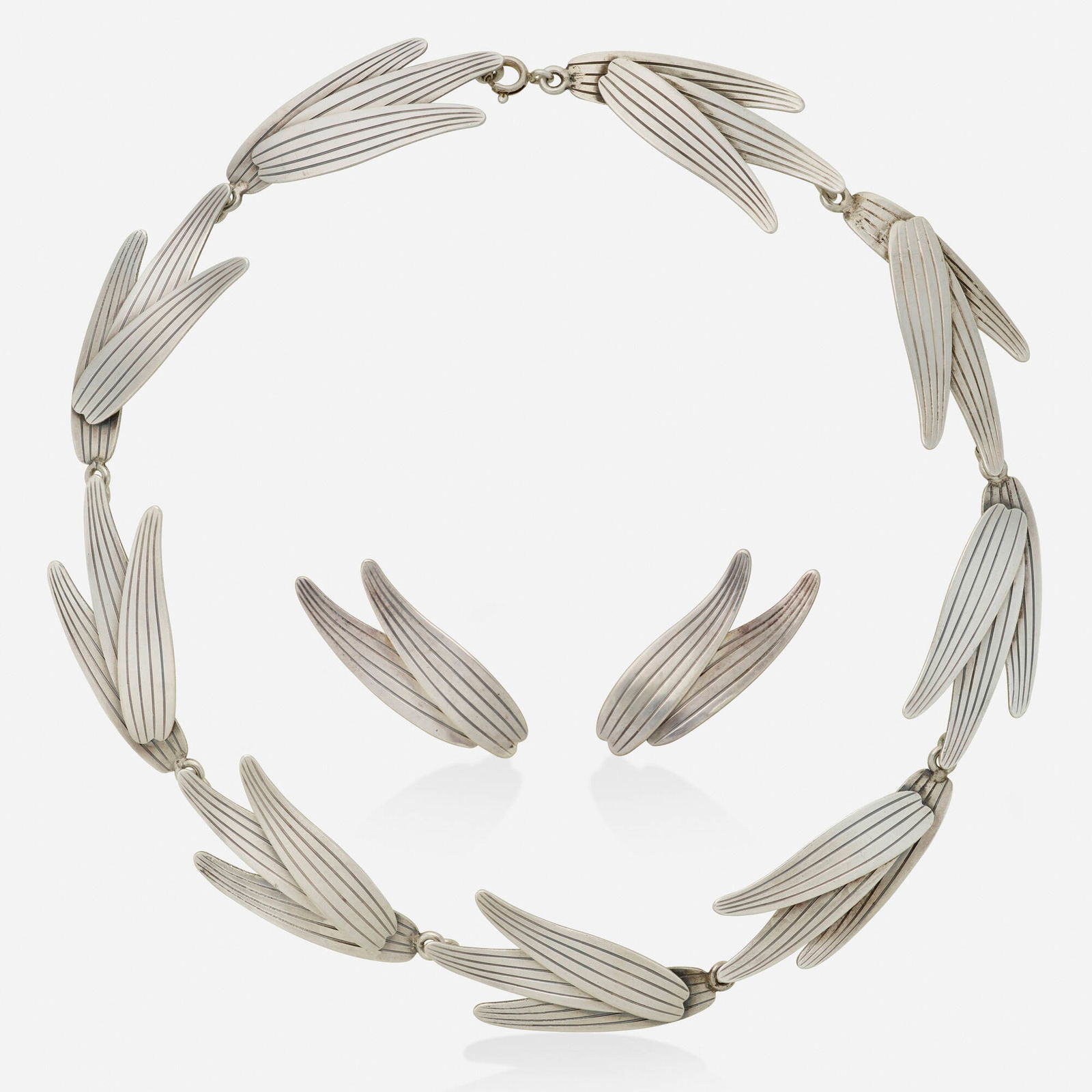 Sigurd Persson for Atelier Stigbert, Sterling silver leaf necklace and earrings: Sigurd Persson for Atelier Stigbert Sterling silver leaf necklace and earrings Each designed as textured leaves; 1949 Sterling silver Signed Stigbert with maker's mark for Heribert Engelbert