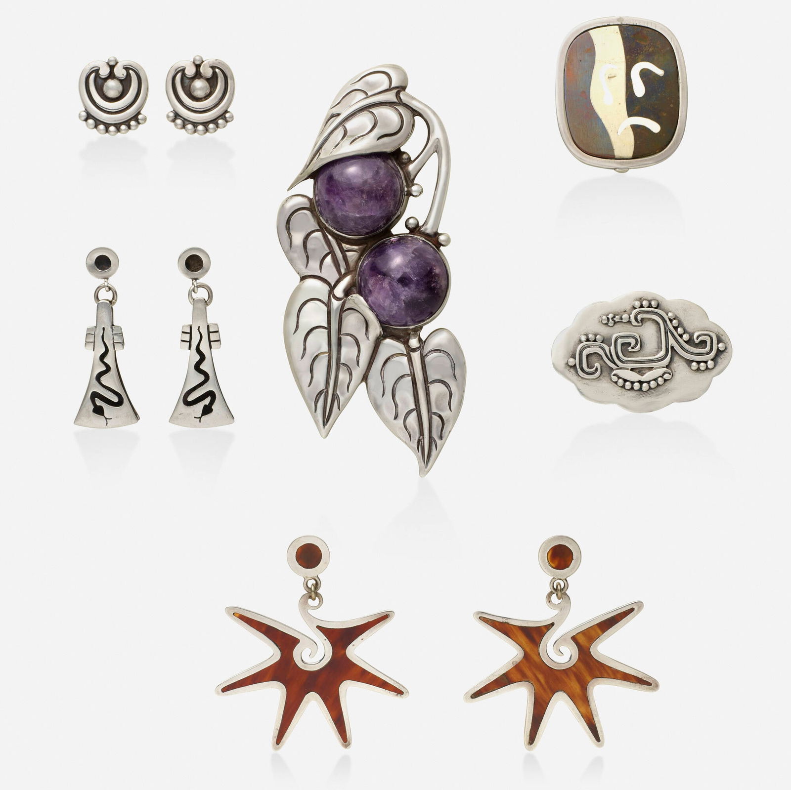 Los Castillo, Group of silver jewelry: Los Castillo Group of silver jewelry Comprising three pairs of earrings, two brooches, and a pill box; 1950s Silver, brass, and copper Signed Los Castillo to each Largest 4.75 x 2.25 in, smallest 0.