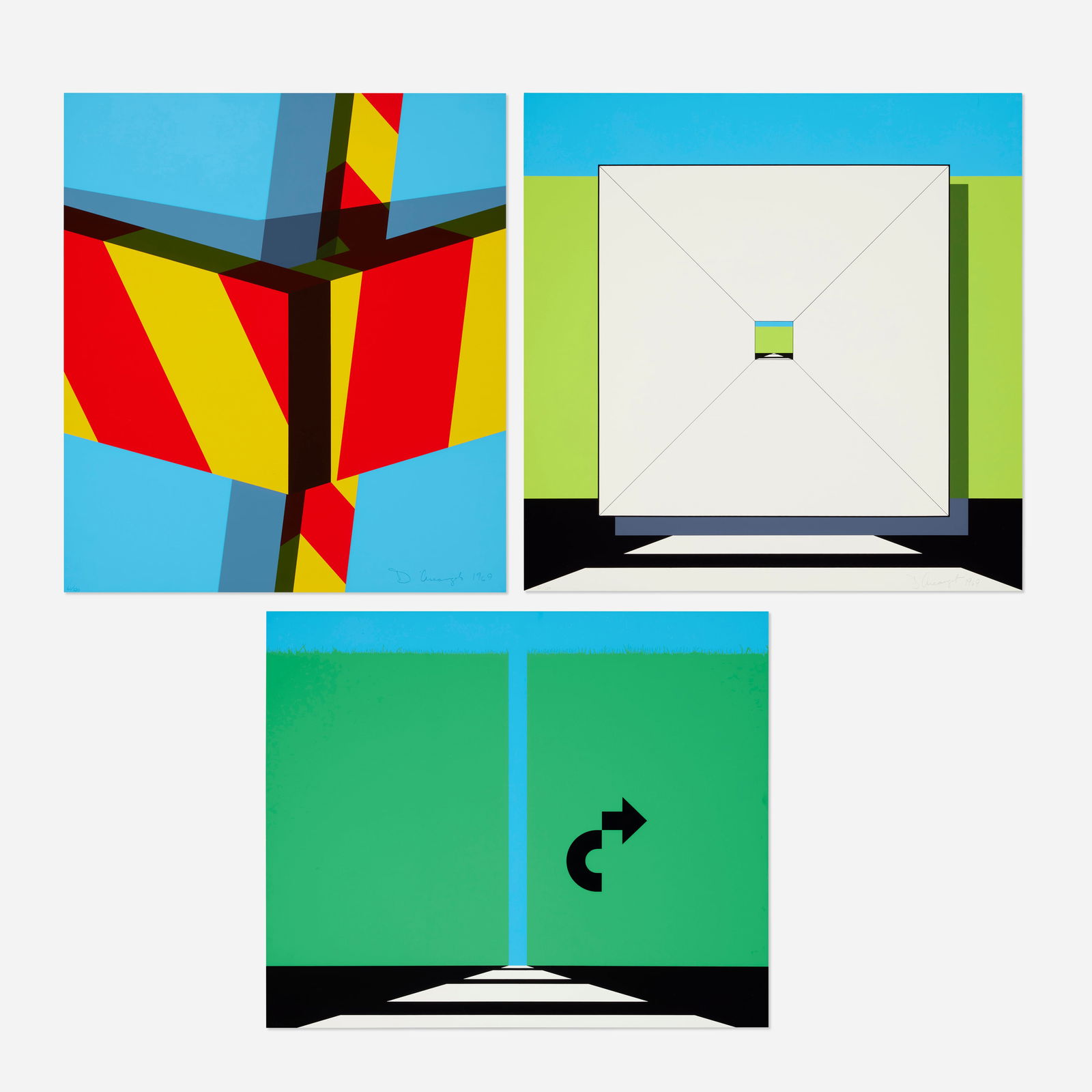 Allan D'Arcangelo, Three works from the AAp 12 portfolio: Allan D'Arcangelo Three works from the AAp 12 portfolio 1969screenprint in colors 25.5 h × 25.5 w in (65 × 65 cm) 21.5 h × 25.5 w in (55 × 65 cm) 25.625 h × 22.