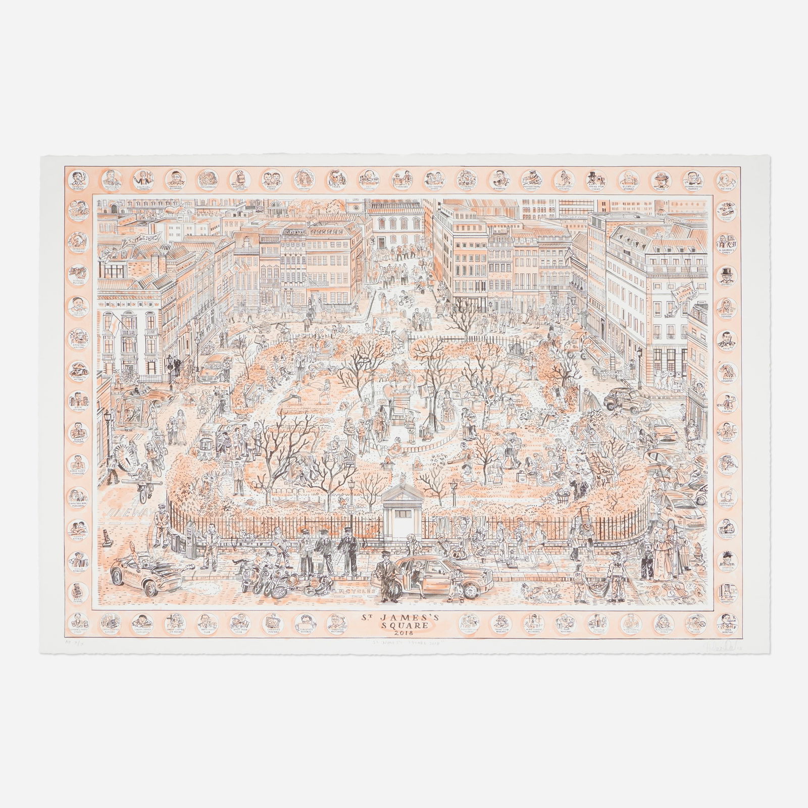Adam Dant, St. James's Square: Adam Dant St. James's Square 2018lithograph with hand-coloring on Somerset image: 28.375 h × 40.625 w in (72 × 103 cm) sheet: 30 h × 43.875 w in (76 × 111 cm) Sig
