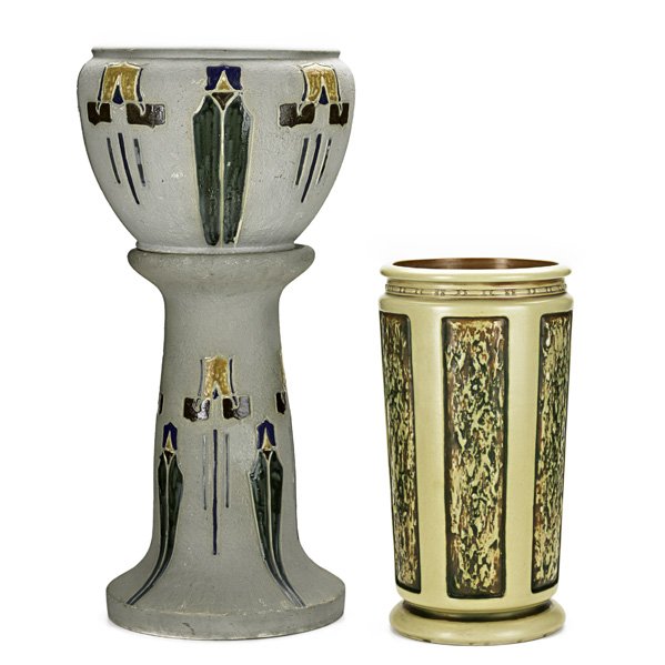 ROSEVILLE Three Pieces: ROSEVILLE; Mostique jardiniere and pedestal, together with Florentine umbrella stand; All marked; Jardiniere and pedestal (overall) 28 1/2" x 13 1/2" dia.