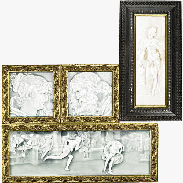 ISAAC BROOME; PROVIDENTIAL, ETC. Four tiles: ISAAC BROOME; PROVIDENTIAL; Four glazed ceramic tiles: Atalanta and the Golden Apple, Cleopatra, and pair of portraits, all with later frames; Largest (framed) 8 1/2" x 20 1/2"