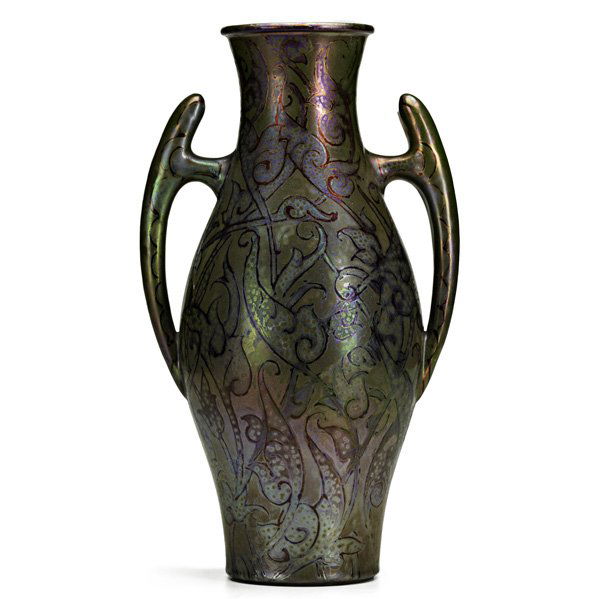 CLEMENT MASSIER Two-handled vase: CLEMENT MASSIER; Two-handled vase with Moorish pattern, Golfe-Juan, France, ca. 1900; Etched and stamped Clement Massier, Golfe-Juan, A.M.; 13 1/4" x 7 1/2"