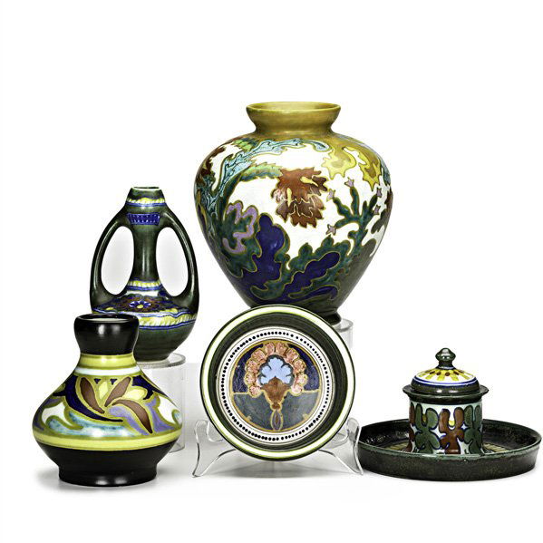 GOUDA Five piece group: GOUDA; Five pieces:Two vases including one marked Amphora Pompea, Ivora low bowl and Rhodian vase and inkwell, Gouda, Netherlands, c.1920s; All marked; Tallest 7 1/2"