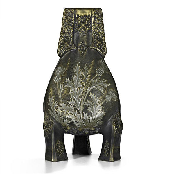 AMPHORA Massive footed vessel with thistle: AMPHORA; Massive footed vessel with thistle, Austria, 1900s; Obscured mark; 16 1/2" x 9 1/2"