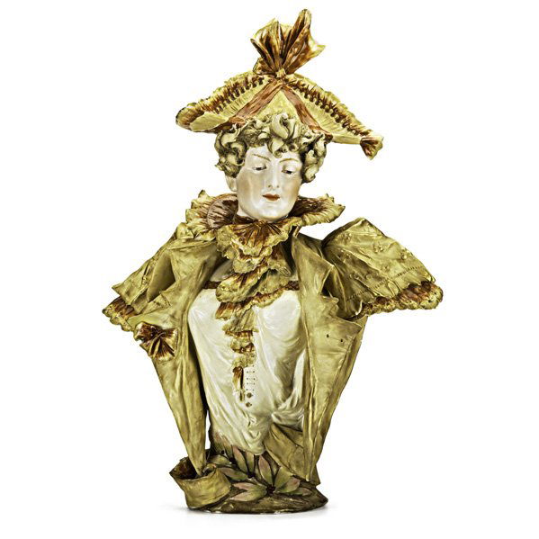 ERNST WAHLISS Amphora bust: ERNST WAHLISS; Amphora bust of a lady, Austria, c.1900; Partially obscured blue Turn Wien mark; 16 1/2" x 12" x 6 1/2"