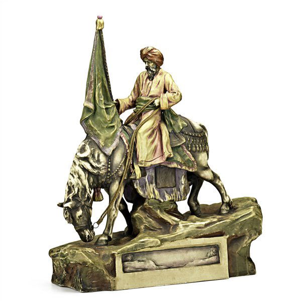 RSTK Large Amphora figure of Bedouin on horseback: RIESSNER, STELLMACHER & KESSEL; Large Amphora figure of Bedouin on horseback, Turn-Teplitz, Bohemia, ca. 1910; Stamped Amphora, Austria, crown, 31/4433; 22" x 19 3/4" x 7"