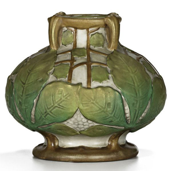 IMPERIAL AMPHORA Bulbous vase with leaves: IMPERIAL AMPHORA; Bulbous vase with leaves, Austria 1900s; Marked with Imperial Amphora circular mark / Amphora / Austria / crown mark; 8" x 9 1/2" dia.