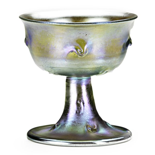 TIFFANY STUDIOS Favrile glass goblet: TIFFANY STUDIOS; Small gold Favrile glass goblet, New York, ca. 1900; Etched L.C.T.; 3 1/2" x 3 1/4"