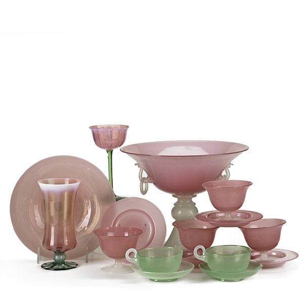 STEUBEN Sixteen-pieces, Rosaline, Jade: STEUBEN; Sixteen assorted pieces in Rosaline, Oriental and Jade glass, Corning, NY, 1920s: large coupe, two goblets, footed bowl, two cups and saucers, four sorbets and underplates; Unmarked; Large co