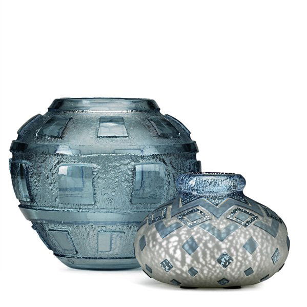 DAUM; MULLER (Attr) Two Art Deco glass vessels: MULLER FRERES(Attr); DAUM; Two Art Deco acid-etched glass vessels, the larger Daum, Nancy, France, 1930s, the smaller possibly Muller Freres, France, 1930s; Larger etched DAUM NANCY FRANCE; 8 1/2" x 9