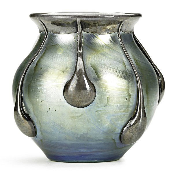 LOETZ Silver overlay cabinet vase: LOETZ; Silver overlay cabinet vase, Austria, ca. 1900; Unmarked; 3 1/2" x 3 1/2"