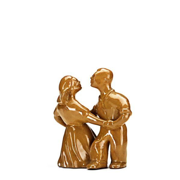 MARY SCHEIER Square Dancers: MARY SCHEIER; Glazed redware figure of square dancing couple; Signed MARY SCHEIER; 5 1/4" x 5 1/4" x 3" Publication: Forster, Alternative American Ceramics, p.64