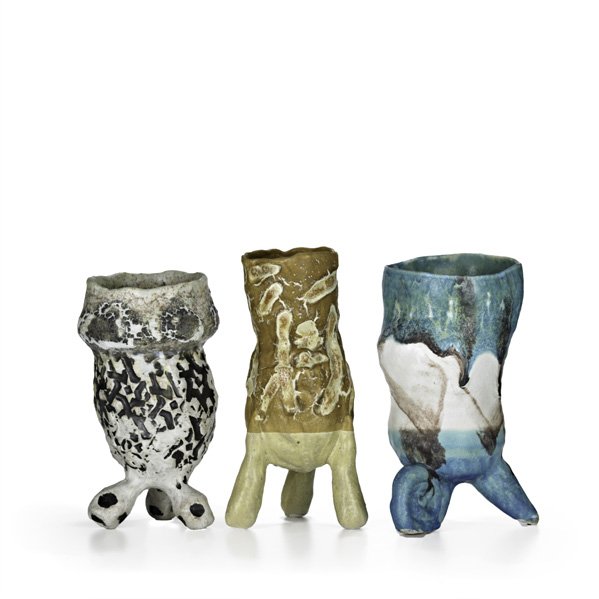 ARNOLD ZIMMERMAN Three footed vessels: ARNOLD ZIMMERMAN; Three hand-formed porcelain vessels, Brooklyn, NY, 1995; All signed and dated; Tallest 11"
