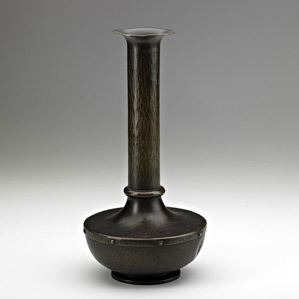 ROYCROFT Hammered copper vase: ROYCROFT; Hammered copper vase, East Aurora, NY, 1910-1915; Orb and cross mark; 12" x 6" Publication: Albert, Fred, “Rancho Roycroft,” Style 1900, Summer 2012, p. 33