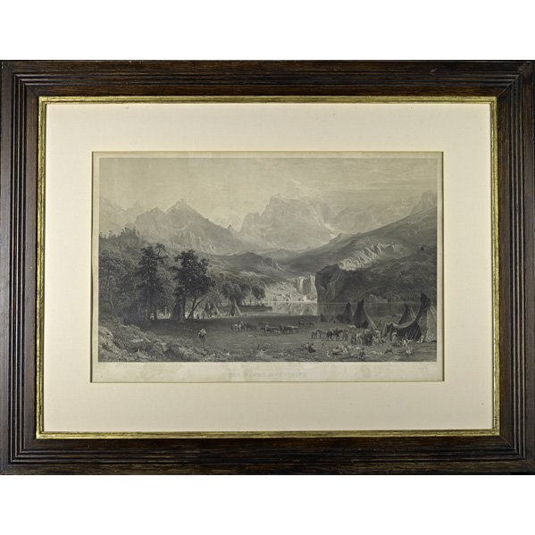 After ALBERT BIERSTADT Engraving: After ALBERT BIERSTADT; ; Engraving by J. Smillie, "The Rocky Mountains" (framed); Signed in print; Image: 17" x 27 1/2", frame: 34 1/4" x 44"