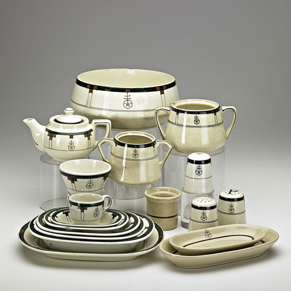 D. HUNTER; ROYCROFT; BUFFALO POTTERY Dinnerware: DARD HUNTER; ROYCROFT; BUFFALO POTTERY; Assembled set with serving pieces, forty pieces, Buffalo, NY, 1920s: serving bowl, teapot, creamer, and sugar pot, seven vegetable dishes, five demitasse cups,