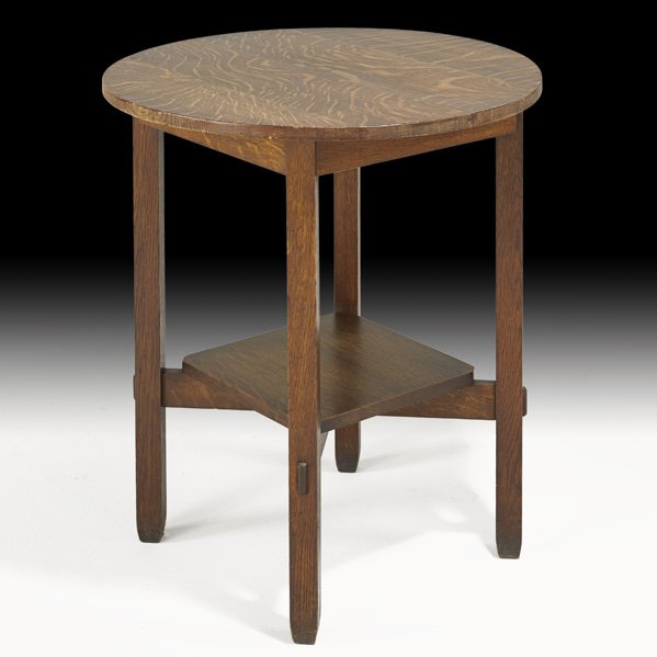 STICKLEY BROTHERS Lamp table: STICKLEY BROTHERS; Lamp table, Grand Rapids, MI, ca. 1908; Partial paper label; 29 3/4" x 26" Provenance: Jordan-Volpe Gallery, New York; Published: Albert, Fred, Rancho Roycroft, Style 1900, summer 2