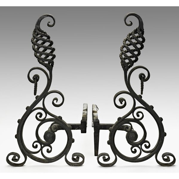 ROYCROFT Pair of scroll andirons: ROYCROFT; Pair of scroll andirons (no. 069) with rings and chain, East Aurora, NY, 1900-1905; Unmarked; 25 1/2" x 12 1/2" x 25 1/2" Provenance: Rago Auctions