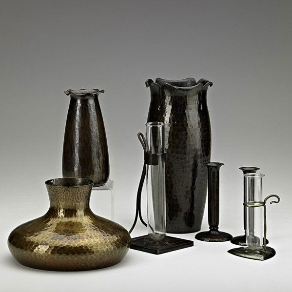 ROYCROFT Hammered copper vase grouping: ROYCROFT; Seven assorted hammered copper vases, some with glass liners, some with brass wash, East Aurora, NY, 1920s; All marked; Tallest: 8 3/4" x 4"