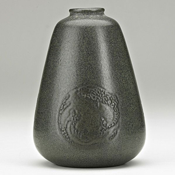 MARBLEHEAD Vase with stylized bird medallions: MARBLEHEAD; Cabinet vase with three incised medallions of stylized birds, Marblehead, MA, 1920s; Stamped ship mark MP; 5 3/4" x 3 3/4" Provenance: From the collection of Arthur Baggs' daughter, Mary T