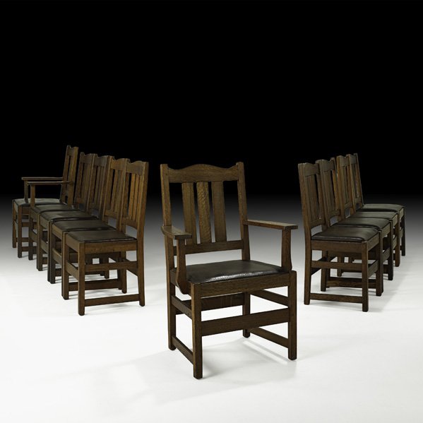 L. & J.G. STICKLEY Set of ten chairs: L. & J.G. STICKLEY; Set of ten chairs, eight side- and two arm-, Fayetteville, NY, ca. 1912; "Work of" decals; Armchair: 38" x 26 1/4" x 19"