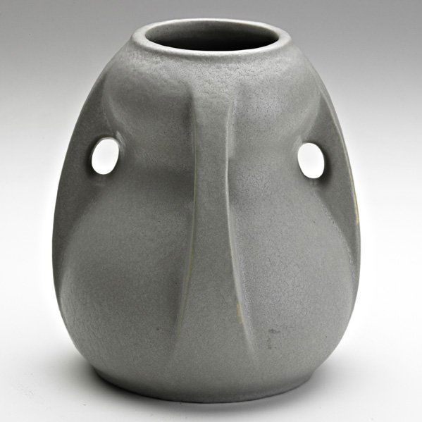TECO Buttressed vase in matte gray glaze: TECO; Four-buttress vase in matte gray glaze, Terra Cotta, IL, ca. 1910; Stamped TECO twice; 6 1/2" x 6"