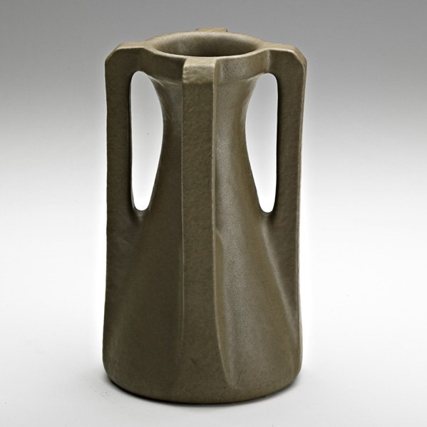TECO Buttressed vase in brown glaze: TECO; Four-buttress vase in matte brown glaze, Terra Cotta, IL, ca. 1910; Unmarked; 7 1/4" x 4 1/4"
