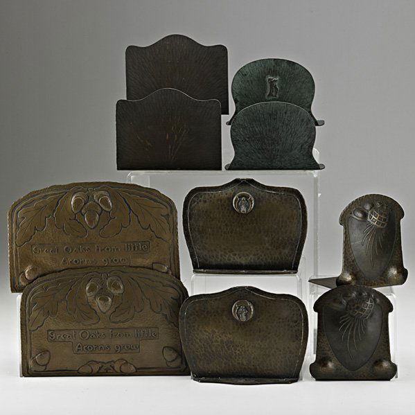 DIRK VAN ERP Etc. Five pairs of bookends: DIRK VAN ERP Etc.; ; Five pairs of copper bookends, California, 1910s: Dirk Van Erp, Kopperkraft, Fred Brosi/Ye Olde Copper Shoppe; Four pairs marked; Largest: 5 1/4" x 8" x 3 3/4"