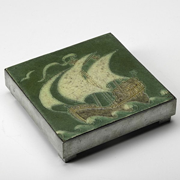 GRUEBY Ship tile trivet: GRUEBY; Ship tile in pewter trivet, Boston, MA, ca. 1905; Signed DC; 6" sq.