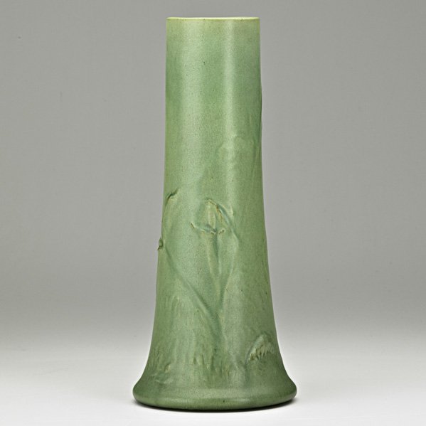 TECO Rare tall vase, Calla Lily: TECO; Rare and tall vase with calla lily, matte green glaze, Terra Cotta, IL, ca. 1910; Stamped Teco 134; 13" x 5 1/2"