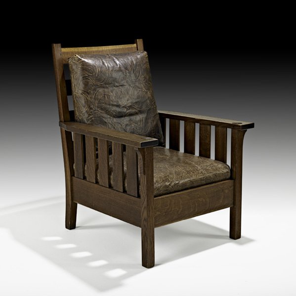 GUSTAV STICKLEY Fixed-back armchair: GUSTAV STICKLEY; Fixed-back armchair (no. 324), Eastwood, NY, ca. 1907; Red decal; 39" x 29" x 30"