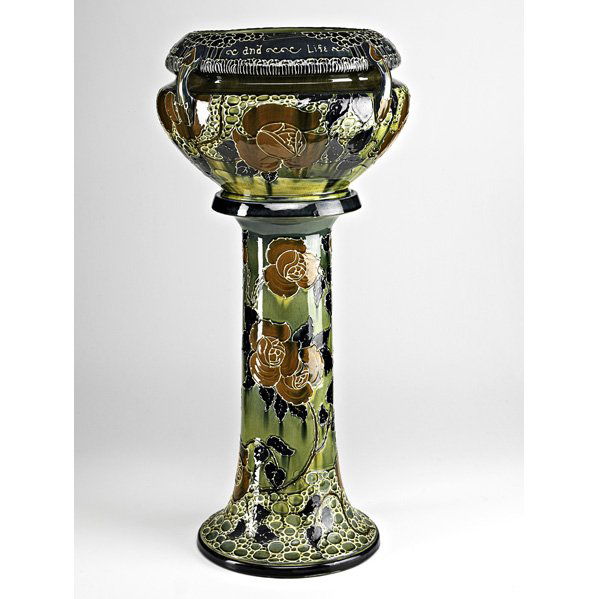 F.H. RHEAD; AVON Jardiniere and pedestal: FREDERICK HURTEN RHEAD; ; AVON; Jardiniere and pedestal squeezebag-decorated with roses, "The Glorious Summer's Symphony of Love, Laughter and Life," Wheeling, WV, ca. 1903; Stamped AVON/WP+S CO; Pede