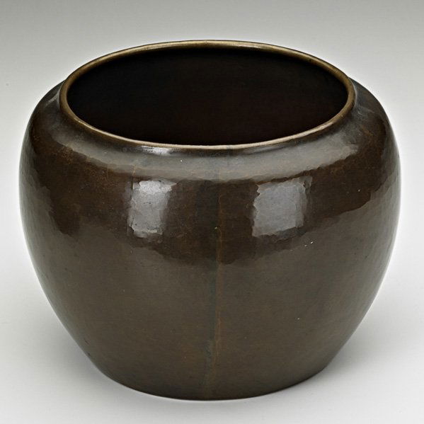 DIRK VAN ERP Hammered copper jardiniere: DIRK VAN ERP; Early hammered copper jardiniere, San Francisco, CA, 1915-1929; Open box windmill stamp; 6 1/4" x 8"