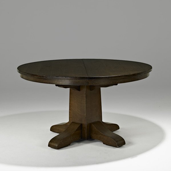 GUSTAV STICKLEY Round dining table: GUSTAV STICKLEY; Round dining table (no. 656), Eastwood, NY, ca. 1912; Branded signature; 29" x 54" dia., one 11" leaf