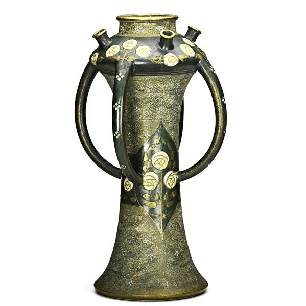 PAUL DACHSEL Tall four-handled Amphora vase: PAUL DACHSEL; KUNSTKERAMIK PAUL DACHSEL; Tall four-handled Amphora flag vase with enameled roses, Turn-Teplitz, Bohemia, ca. 1906; Stamped 1187/7; 17 1/4" x 9 1/2"