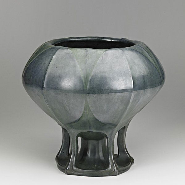 E. STELLMACHER Amphora footed jardiniere: EDUARD STELLMACHER; ; EDUARD STELLMACHER & CO.; Amphora footed jardiniere, Turn-Teplitz, Bohemia, ca. 1907; Stellmacher Teplitz medallion, 2013/5; 9 1/2" x 10 1/2"