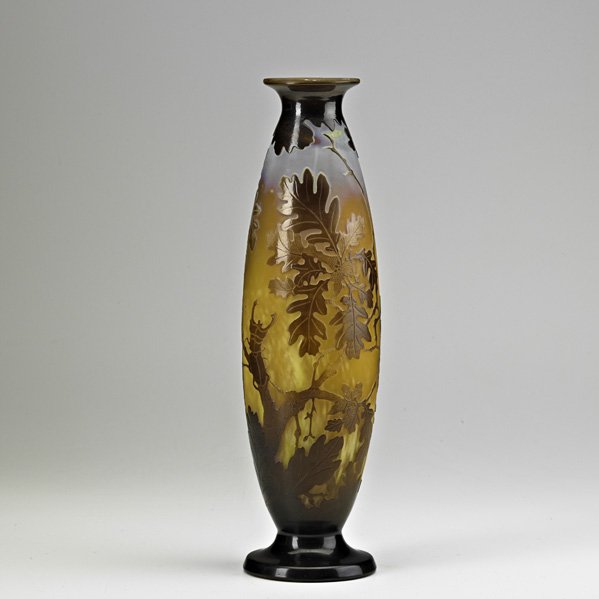 GALLE Tall cameo glass vase with beetle: GALLE; Tall cameo glass vase, acid-etched with oak branches and beetle, Nancy, France,1900s; Signed Galle on body; 15" x 4"