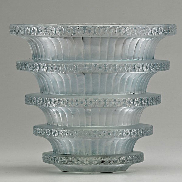 LALIQUE "Chevreuse" vase: LALIQUE; "Chevreuse" vase in frosted glass with a trace of added green patina, France, ca. 1930; M p. 456, no. 1081; Etched R. LALIQUE FRANCE; 6 1/4" x 7"