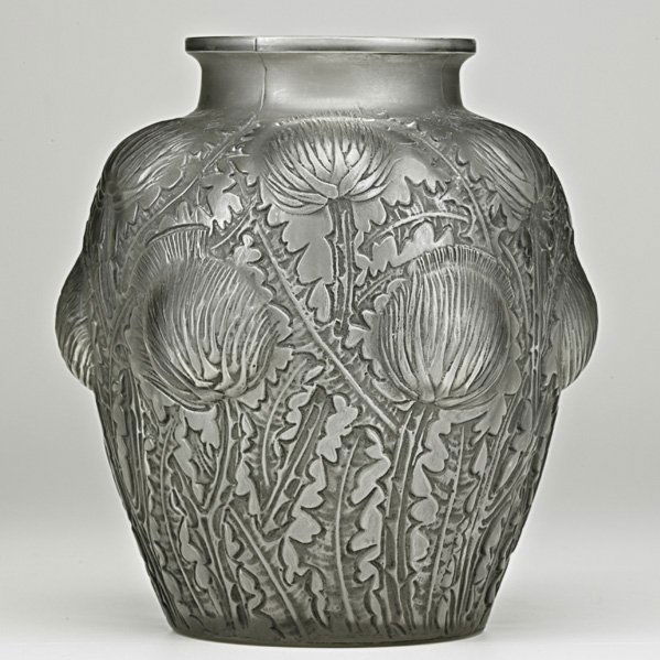 LALIQUE "Domremy" vase: LALIQUE; "Domremy" vase in clear glass with smoky grey patina, France, ca. 1926; M p. 434, no. 979; Etched R. Lalique France; 8 1/2" x 7 3/4"